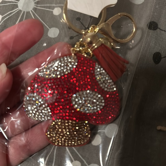 NWT puffy rhinestone chunky red mushroom keychain purse charm - Picture 3 of 6